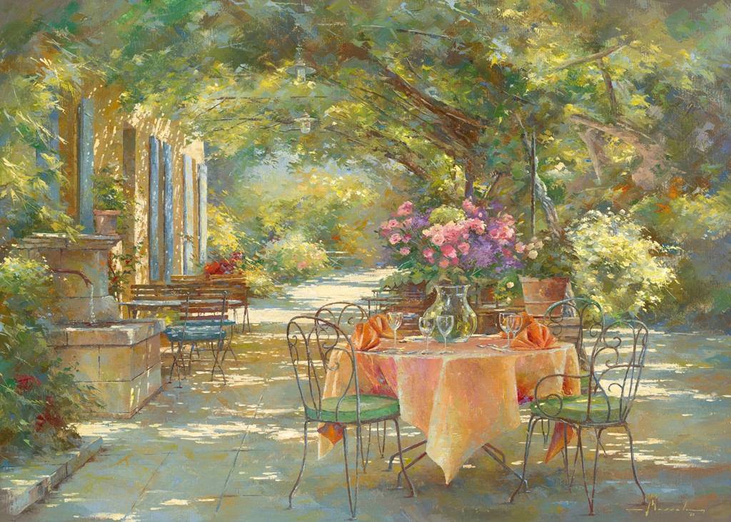 Johan Messely, La Terrasse du Mas des Grès (Garten, Lokal, Bistro, französisch, Mediterran, Terrasse, Haus, Pflanzen,  Sommer, Idylle, Sonnenlicht, Nostalgie, Wohnzimmer, Esszimmer,  Malerei, bunt)