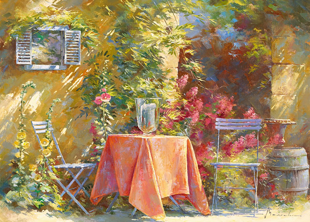 Johan Messely, Belle provençale (Nostalgie, Garten, Natur, Mediterran, Terrasse, Gartentisch, romantisch, Haus, Pflanzen, Blüten, Sommer, Entspannung, Ruhe, Schatten,  Idylle, Sonnenlicht, Wohnzimmer, Wintergarten, bunt)