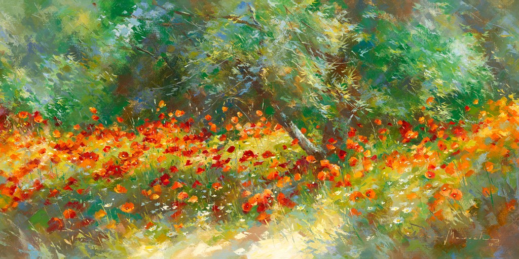 Johan Messely, Champ des Cocquelicots (Blumenwiese, Mohnblumen, Pflanzen, Sommer,Idylle, Sonnenlicht, Wohnzimmer, Esszimmer, Wunschgröße, Malerei, bunt)