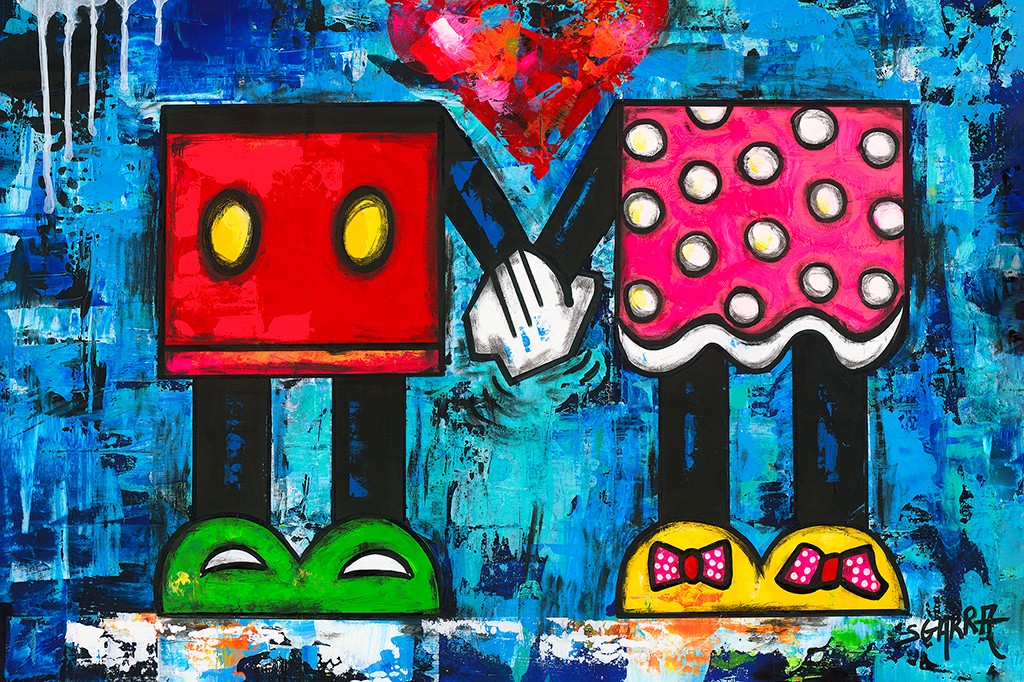 Robert Sgarra, Boxy VIII (Mickey Mouse, Mini Mouse, Comic, Unterkörper, figurativ, geometrisch, Wüfelform,  Popart, modern, Cloisonismus, Wunschgröße, Wohnzimmer, Treppenhaus, Jugendzimmer, bunt)
