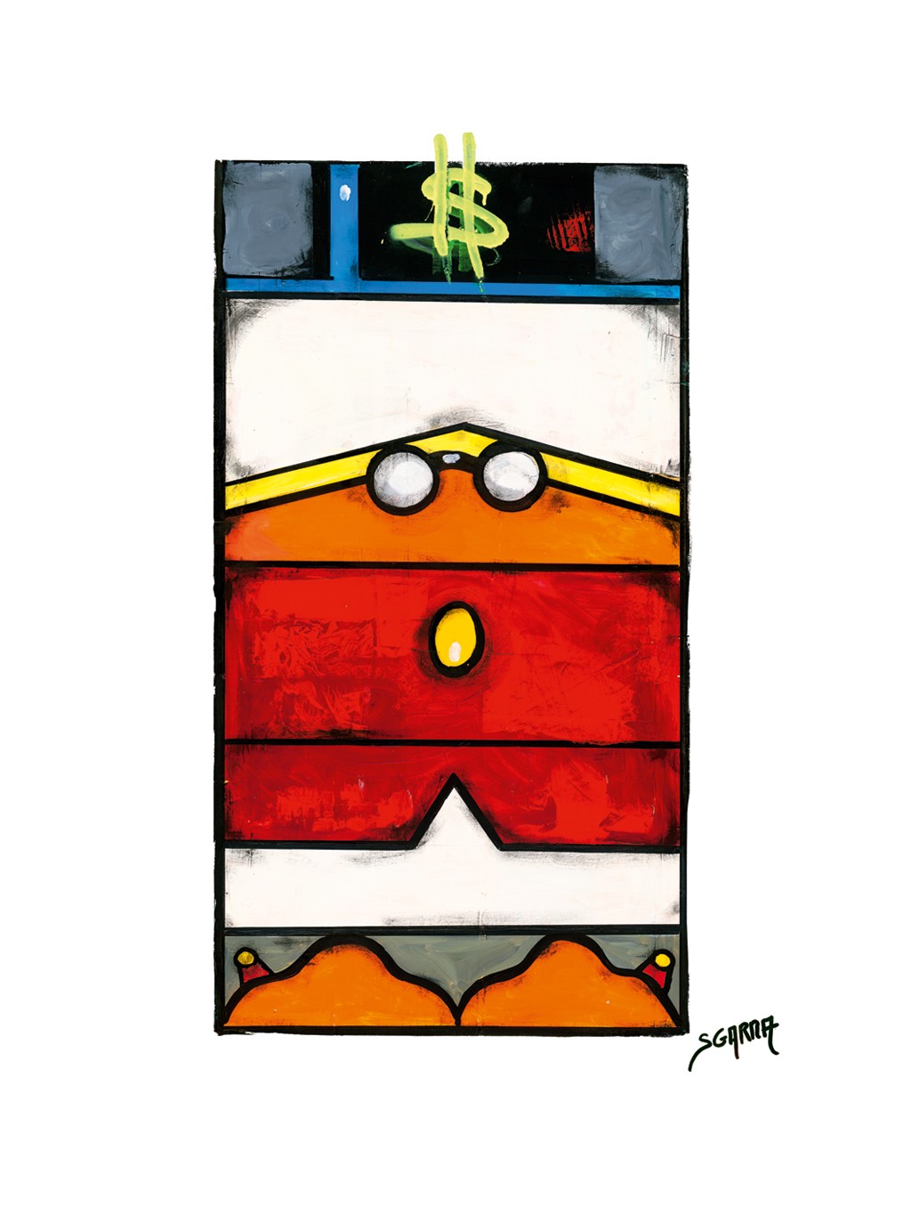 Robert Sgarra, Boxy IV (Dagobert Duck, Comicfigur, Disney, Comic, figurativ, geometrisch, Wüfelform,  Popart, modern, Cloisonismus, Wunschgröße, Wohnzimmer, Jugendzimmer, bunt)