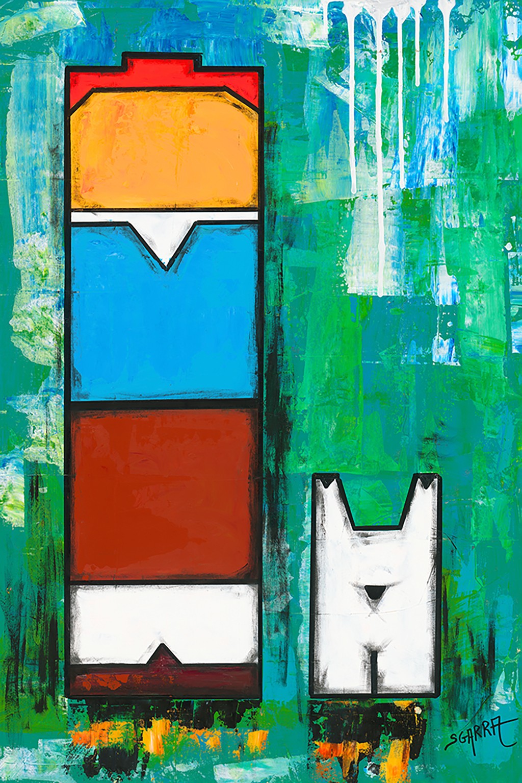 Robert Sgarra, Boxy III (Mann, Hund, figurativ, geometrisch, Wüfelform,  Popart, modern, Cloisonismus, Wunschgröße, Wohnzimmer, bunt)