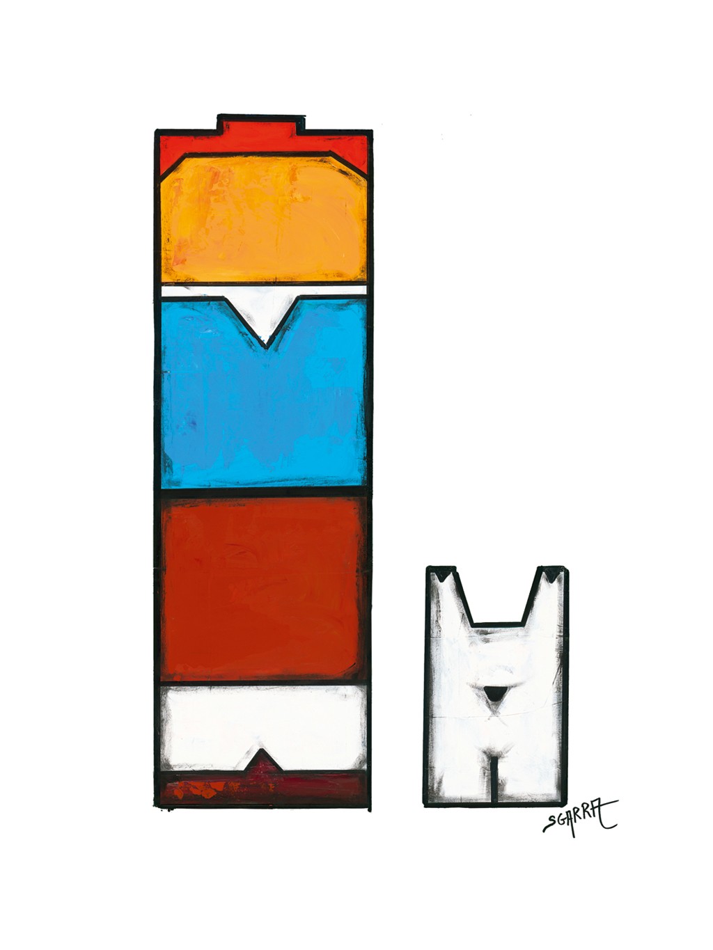 Robert Sgarra, Boxy III (Mann, Hund, Comic, figurativ, geometrisch, Wüfelform,  Popart, modern, Cloisonismus, Wunschgröße, Wohnzimmer, Jugendzimmer, bunt)