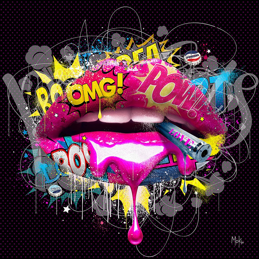 Moki, Bouche Pop (Mund, Frauenmund, weiblich, lasziv, Lippen, Comic, Farbspritzer, Pop-Art, modern, schrill, Malerei, Jugendzimmer, Wohnzimmer, Treppenhaus, Wunschgröße, bunt)