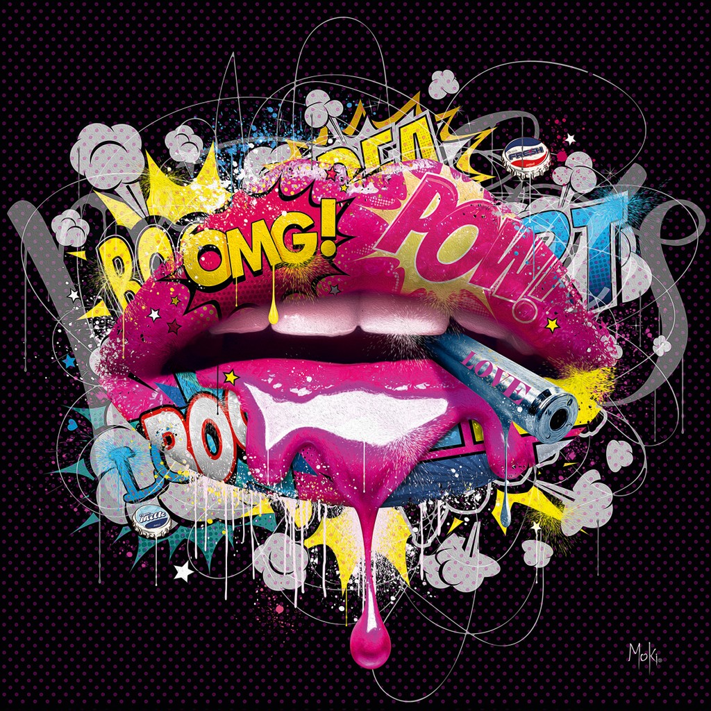 Moki, Bouche Pop (Mund, Frauenmund, weiblich, lasziv, Lippen, Comic, Farbspritzer, Pop-Art, modern, schrill, Malerei, Jugendzimmer, Wohnzimmer, Treppenhaus,  bunt)