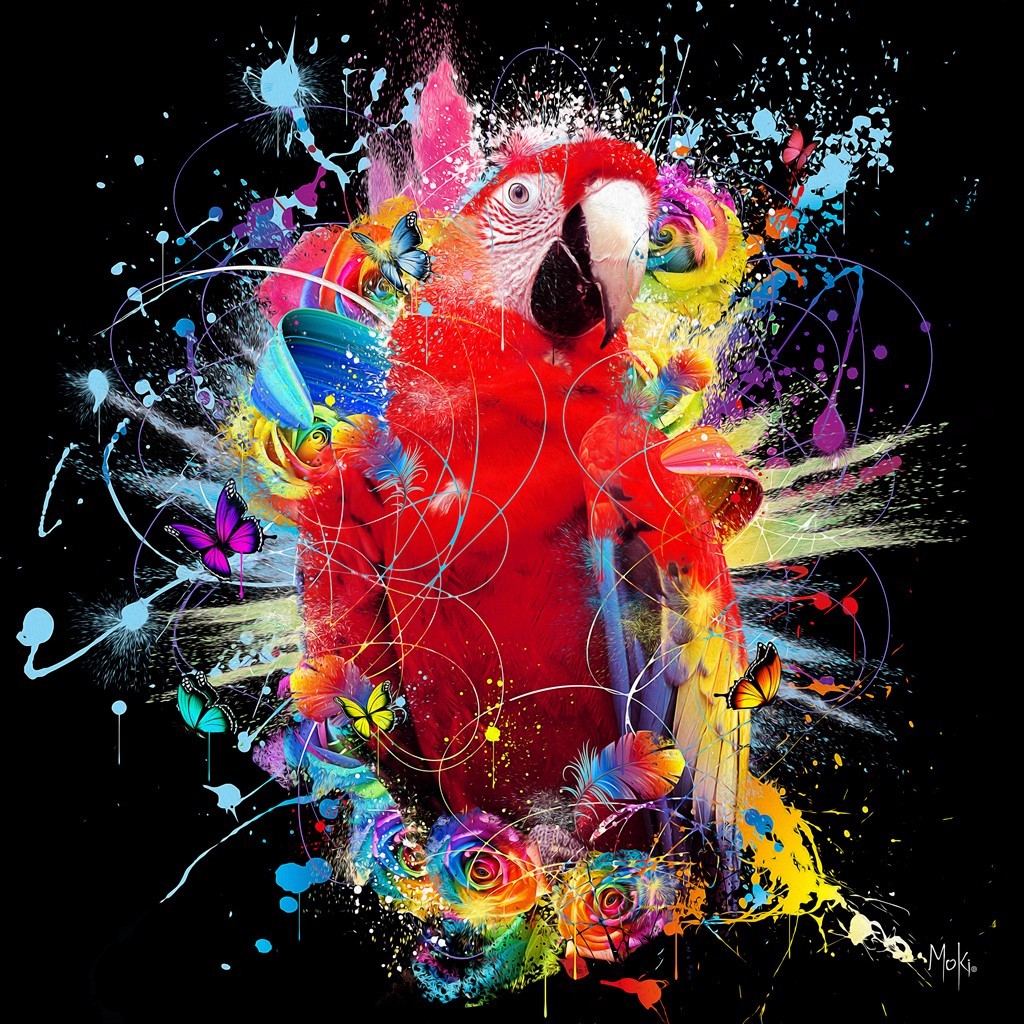 Moki, Perroquet Pop (Papagei, Ara, Vogel, Tierportrait, Pop-Art, modern, schrill, Malerei, Jugendzimmer, Wohnzimmer, Treppenhaus, Wunschgröße, bunt)