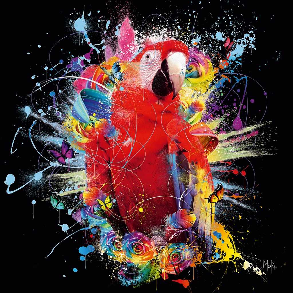 Moki, Perroquet Pop (Papagei, Ara, Vogel, Tierportrait, Pop-Art, modern, schrill, Malerei, Jugendzimmer, Wohnzimmer, Treppenhaus,  bunt)