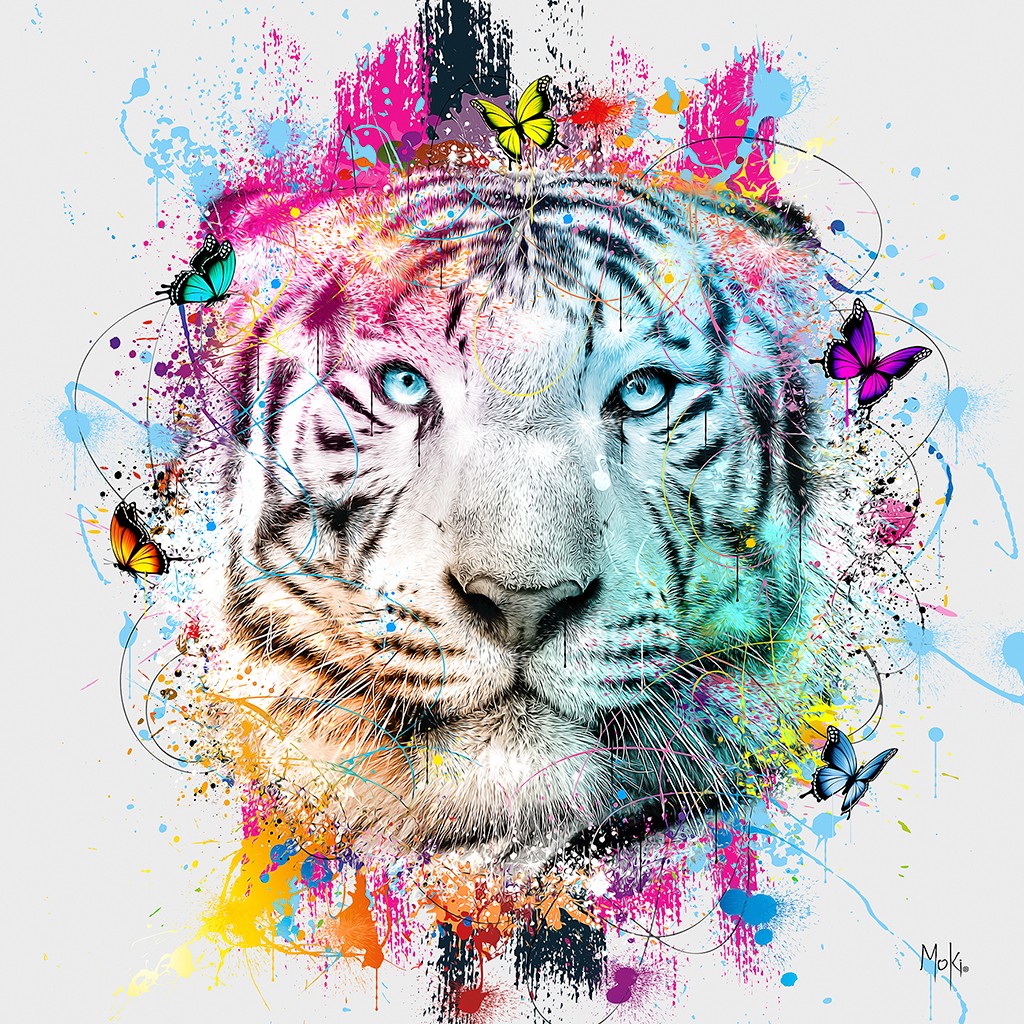 Moki, Tigre Color (Tiger, weißer Tiger, Raubkatze, Tierportrait, Pop-Art, modern, schrill, Malerei, Jugendzimmer, Wohnzimmer, Treppenhaus,  bunt)