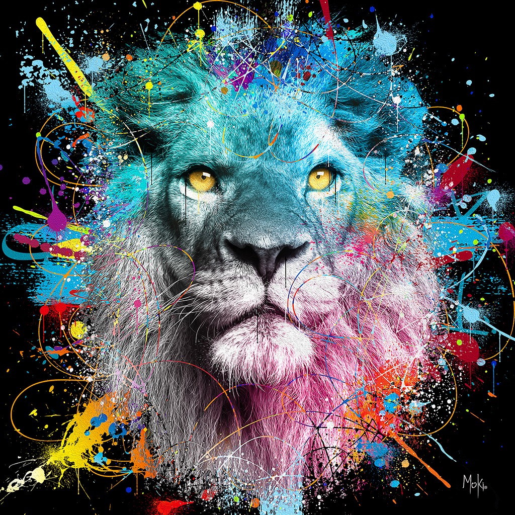 Moki, Lion Color (Löwe, Raubkatze, Mähne, Tierportrait, Pop-Art, modern, schrill, Malerei, Jugendzimmer, Wohnzimmer, Treppenhaus, Wunschgröße, bunt)