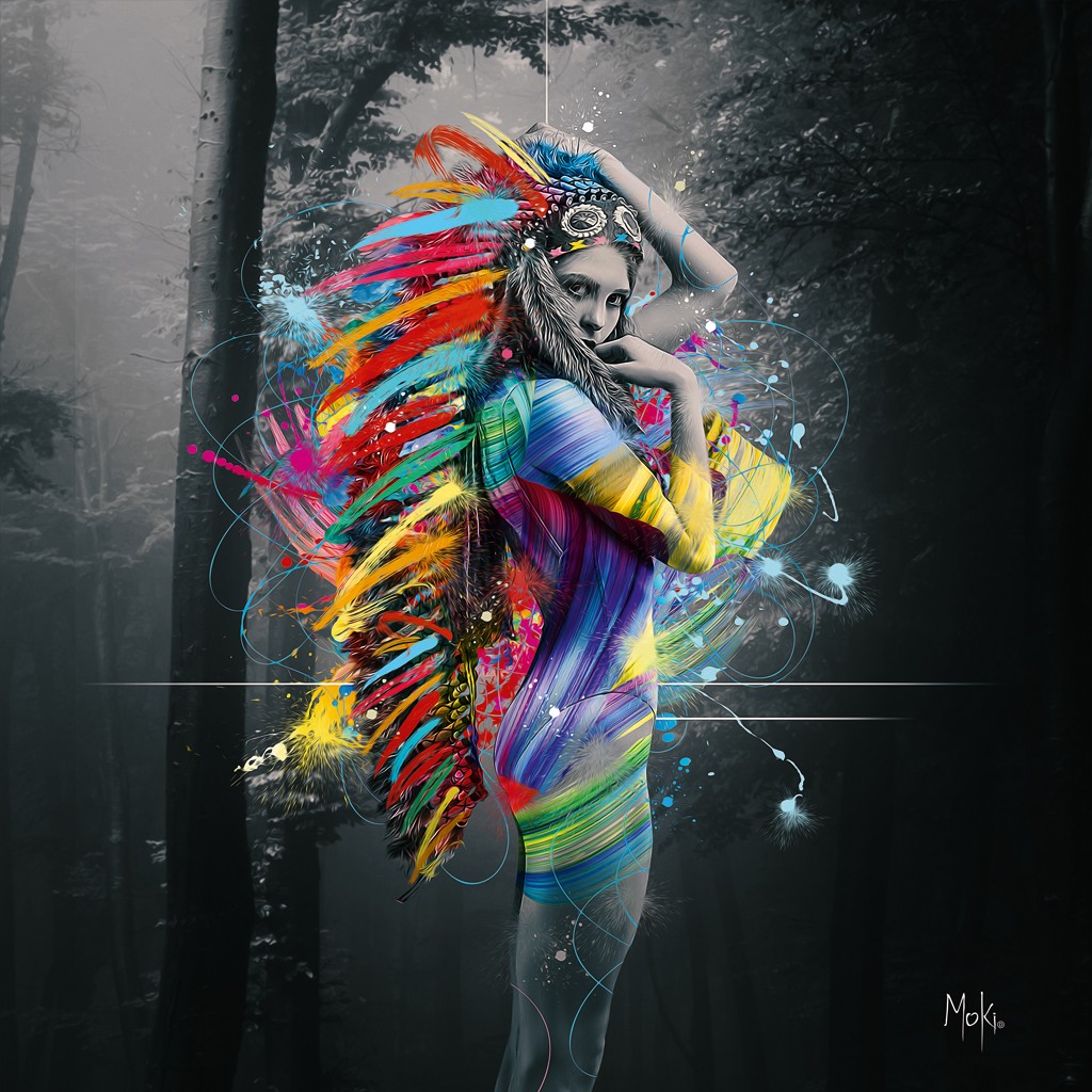 Moki, Indian Color (Frau, Verkleidung, Indianer, Federhaube, Farbspritzer, Pop-Art, modern, schrill, Malerei, Jugendzimmer, Wohnzimmer, Treppenhaus, Wunschgröße, bunt)