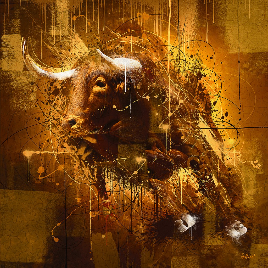 Sylvain Binet, Taureau (Stier, Bulle, Bewegung, Dynamik, Tiere, abstrakter Hintergrund, Modern, Malerei, Jugendzimmer, Wohnzimmer, Wunschgröße, gold/braun)