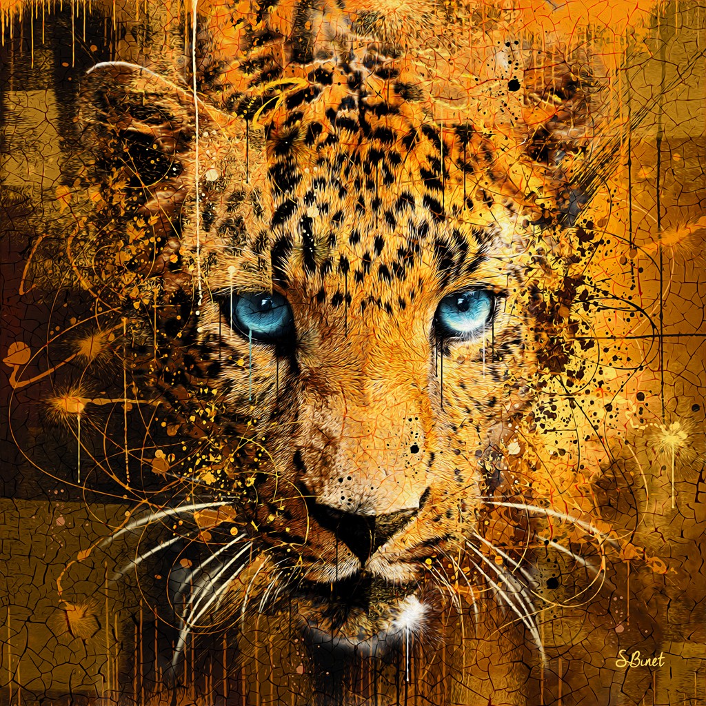 Sylvain Binet, Leopard (Leopard, Raubkatze, blaue Augen, Tierportrait, Konzentration, Tiere, abstrakter Hintergrund, Modern, Malerei, Jugendzimmer, Wohnzimmer, Wunschgröße, gold/braun)