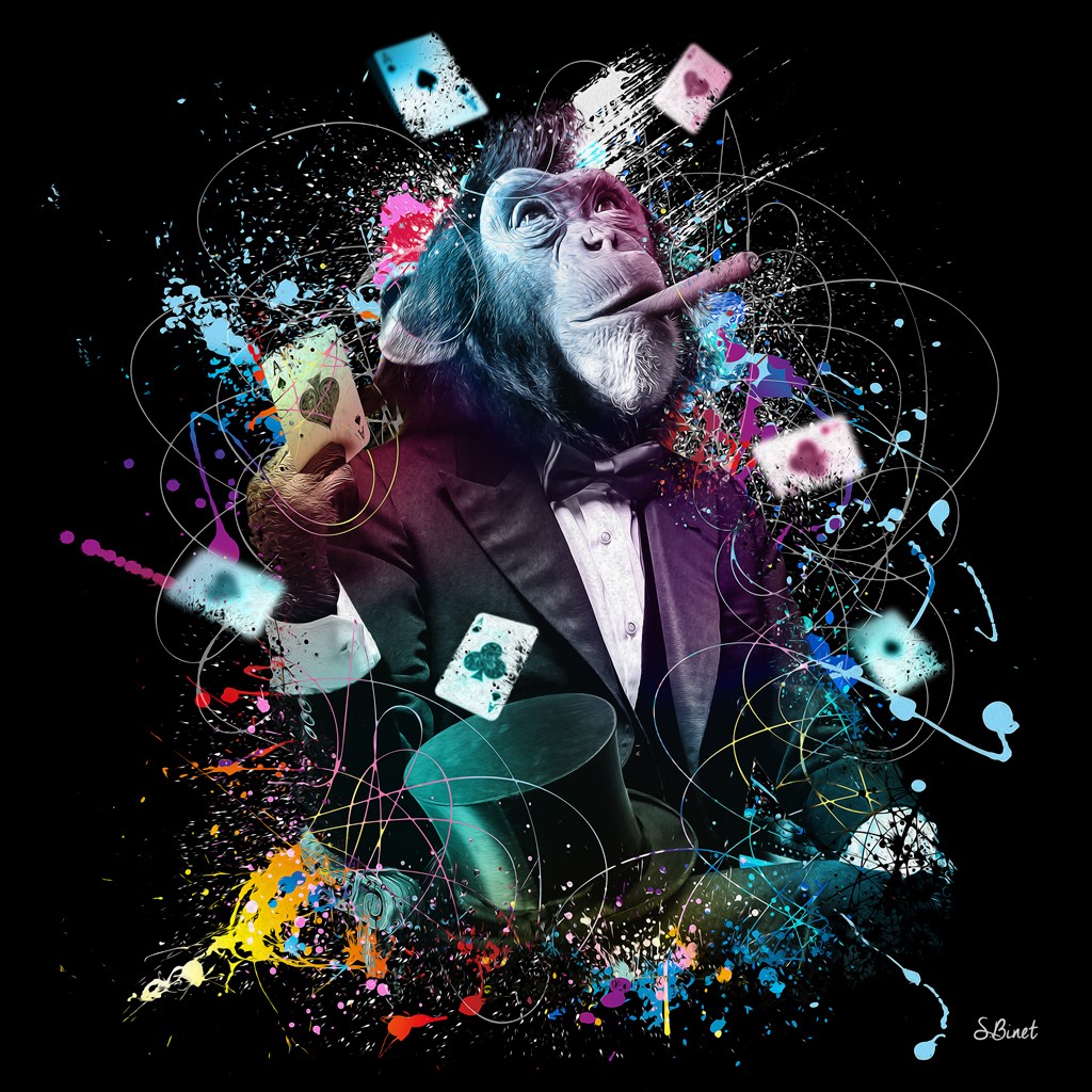 Sylvain Binet, Singe Poker (Affe, Schimpanse, abstrakter Hintergrund, Zigarre rauchen, Kartenspieler, antropomorph, Leuchtfarben, Neon, Modern, Popart, Malerei, Jugendzimmer, Wohnzimmer, Wunschgröße, bunt)