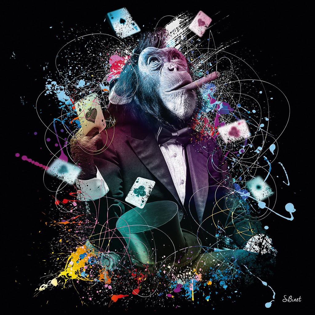 Sylvain Binet, Singe Poker (Affe, Schimpanse, abstrakter Hintergrund, Zigarre rauchen, Kartenspieler, antropomorph, Leuchtfarben, Neon, Modern, Popart, Malerei, Jugendzimmer, Wohnzimmer, bunt)