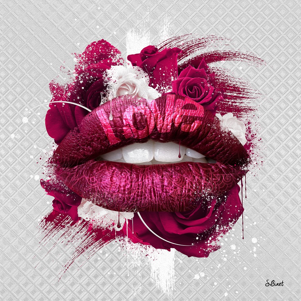 Sylvain Binet, Bouche rose (Mund, Lippen erotisch, Rosen, Blumen, Leuchtfarben, Neon, Modern, Popart, Malerei, Jugendzimmer, Wohnzimmer, Wunschgröße, Pink/weiß)