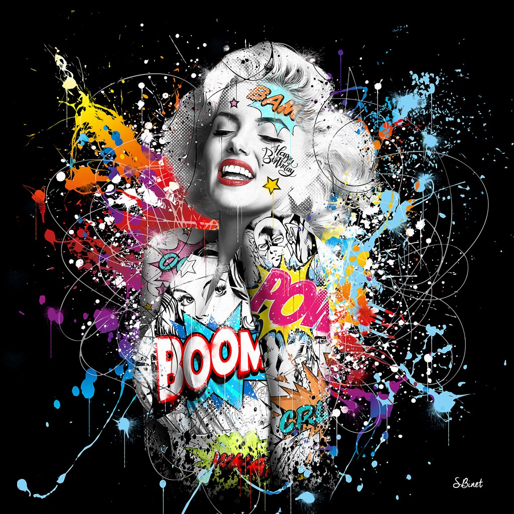 Sylvain Binet, Marilyn Color (Popart, Persönlichkeiten, Marilyn Monroe, Comic-Tattoo, Leuchtfarben, Neon, Popart, Modern, Malerei, Jugendzimmer, Wohnzimmer, Wunschgröße, bunt)