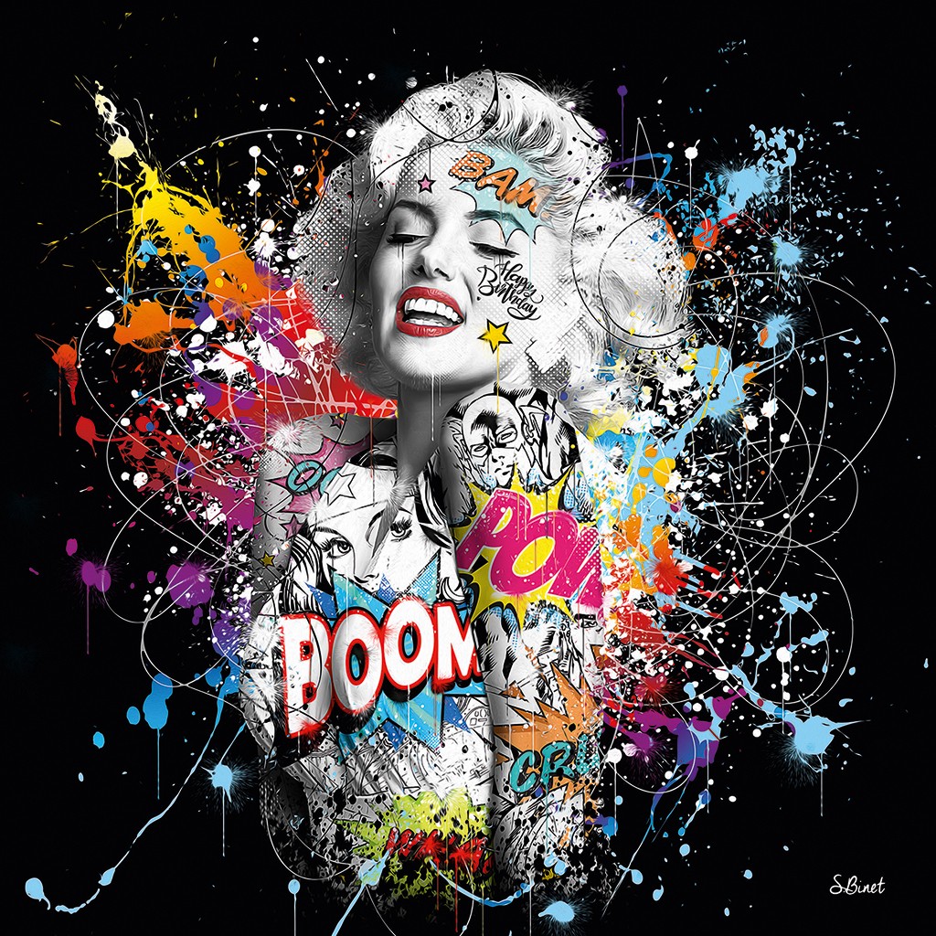 Sylvain Binet, Marilyn Color (Popart, Persönlichkeiten, Marilyn Monroe, Comic-Tattoo, Leuchtfarben, Neon, Popart, Modern, Malerei, Jugendzimmer, Wohnzimmer, bunt)