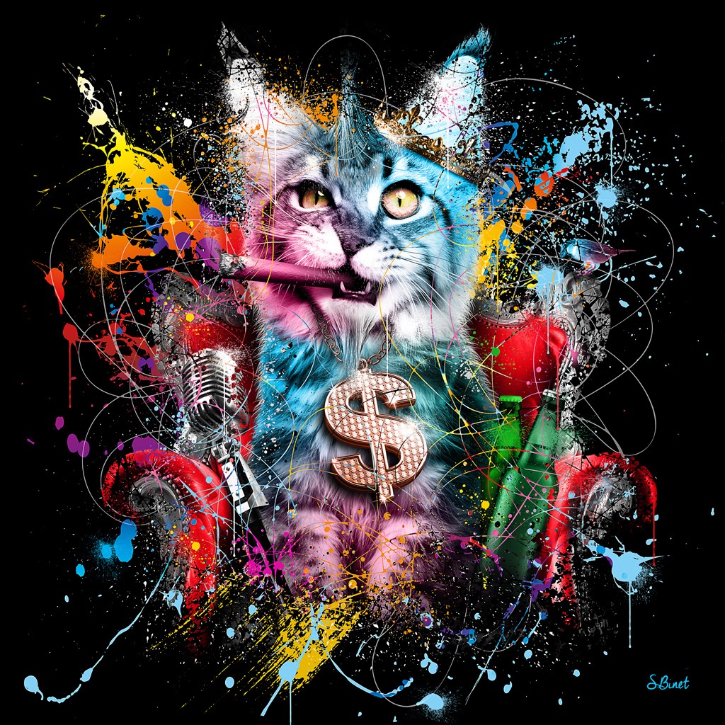 Sylvain Binet, Sofa King Colo (Katze, cool, Zigarre rauchen, Krone, Mikrophon, antropomorph, Leuchtfarben, Neon, Modern, Popart, Malerei, Jugendzimmer, Wohnzimmer, Wunschgröße, bunt)