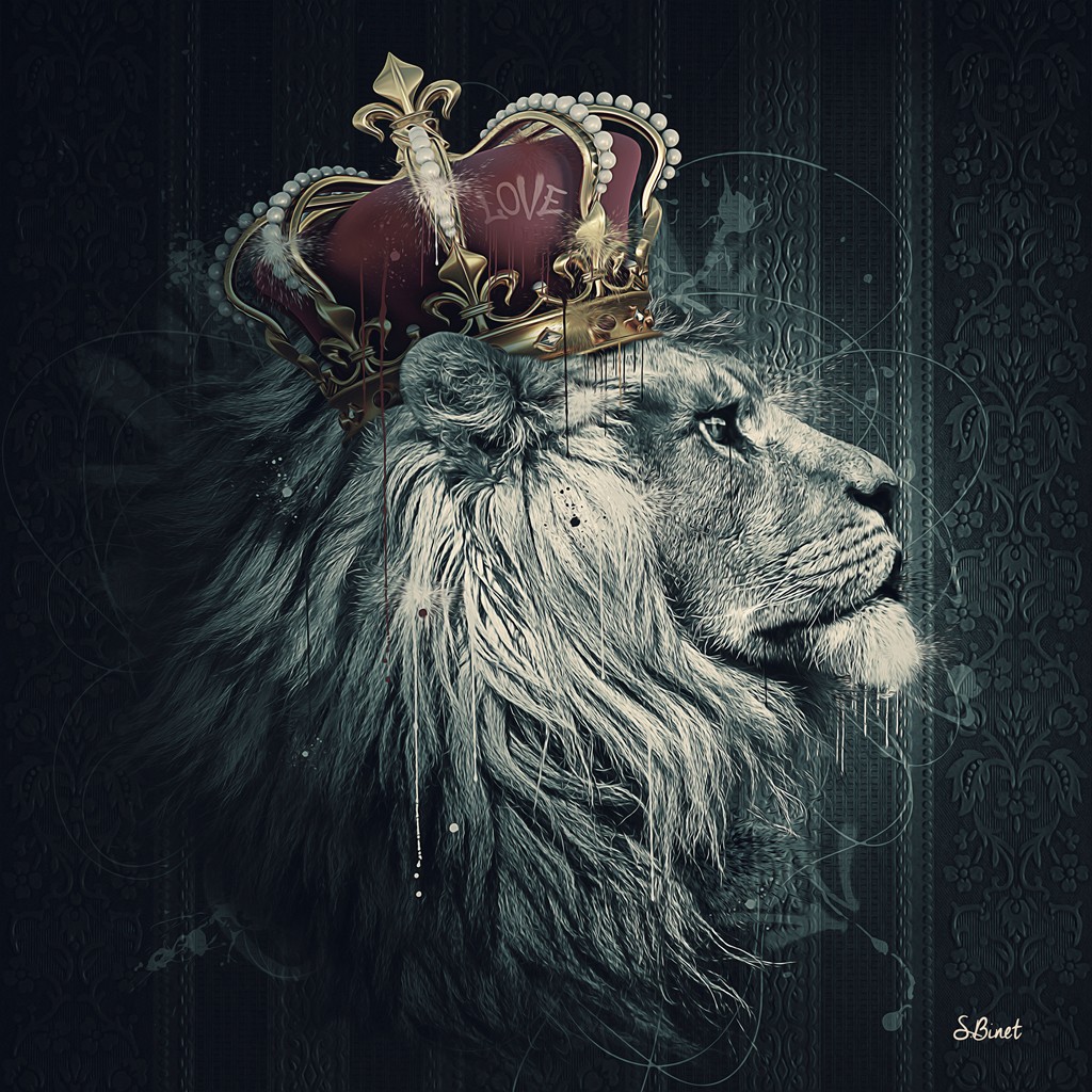 Sylvain Binet, Lion Couronne I (Löwe, Raubtier, König, Krone, Vermenschlichung, Tierportrait, antropomorph, Modern, Malerei, Jugendzimmer, Wohnzimmer, Wunschgröße, grau/weiß, rot)