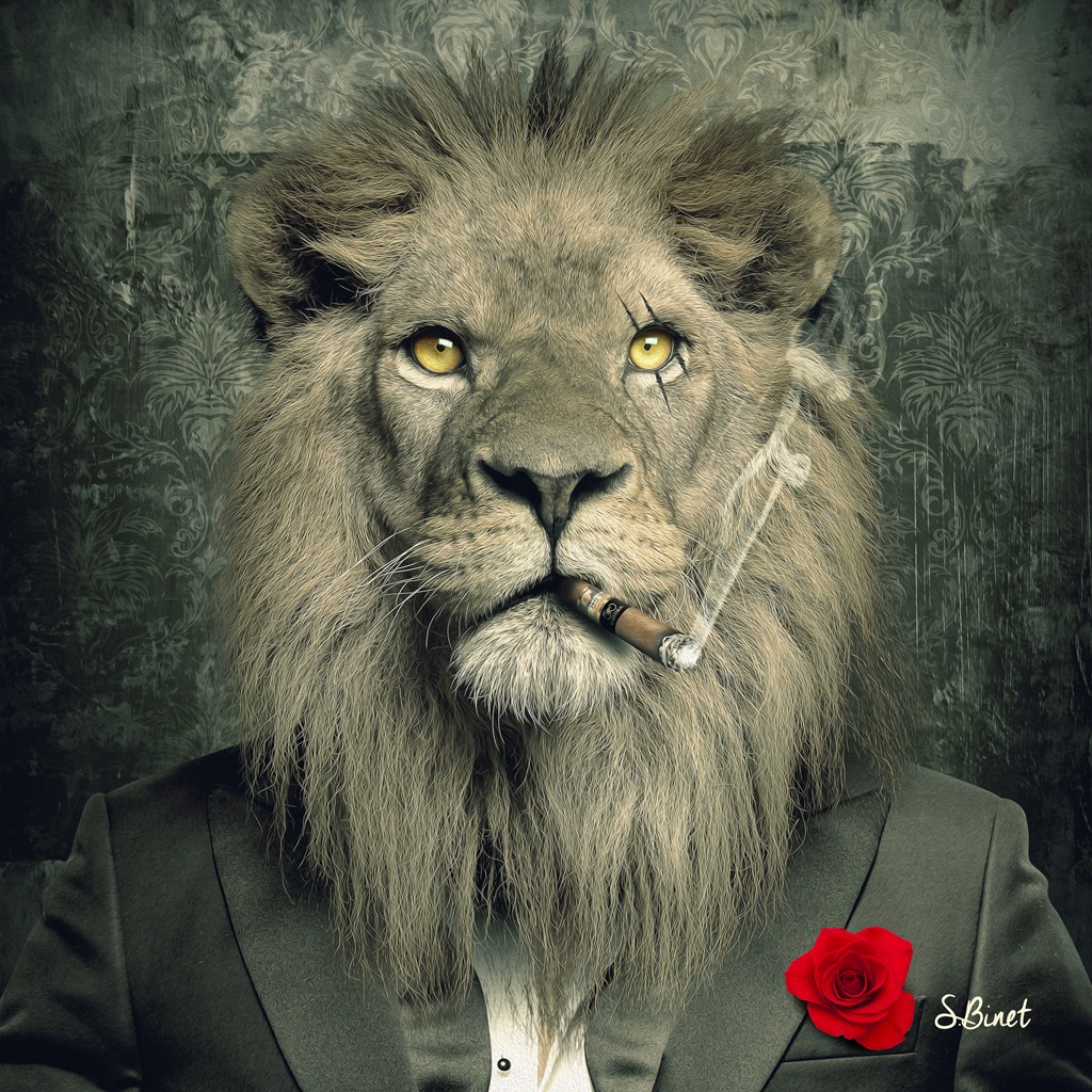 Sylvain Binet, Lion Mafia (Löwe, Raubkatze, Zigarre, Big Boss, Vermenschlichung, Tierportrait, antropomorph, Modern, Malerei, Jugendzimmer, Wohnzimmer, Wunschgröße,)