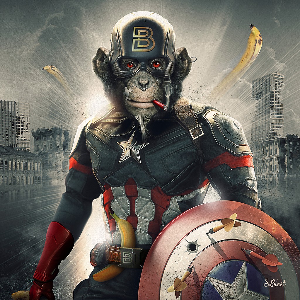 Sylvain Binet, Captain Banane (Affe, Schimpanse, Captain Amerika, Persönlichkeiten, Kostüm, Vermenschlichung, Tierportrait, antropomorph, Modern, Malerei, Jugendzimmer, Wohnzimmer, Wunschgröße,)