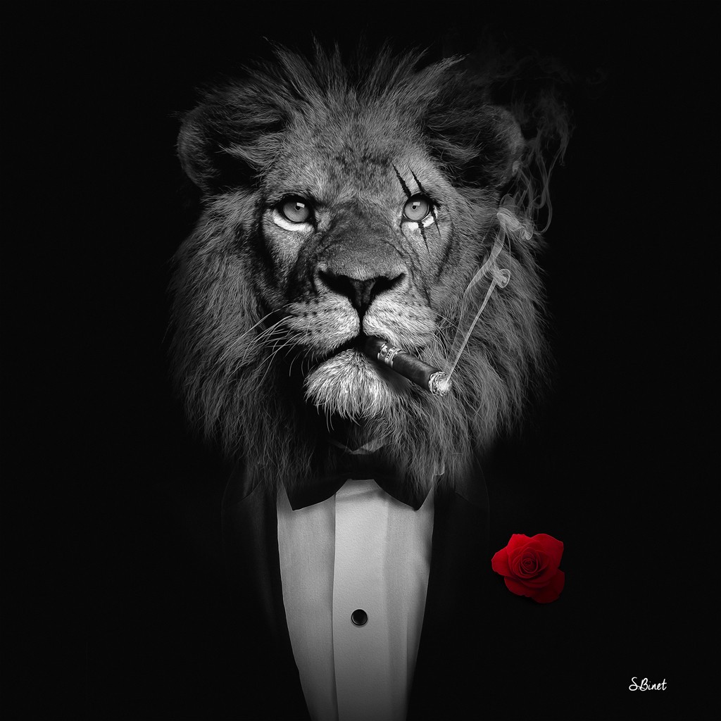 Sylvain Binet, Lion Mafia NB (Löwe, Raubkatze, Zigarre, Big Boss, Vermenschlichung, Tierportrait, antropomorph, Modern, Malerei, Jugendzimmer, Wohnzimmer, Wunschgröße,)