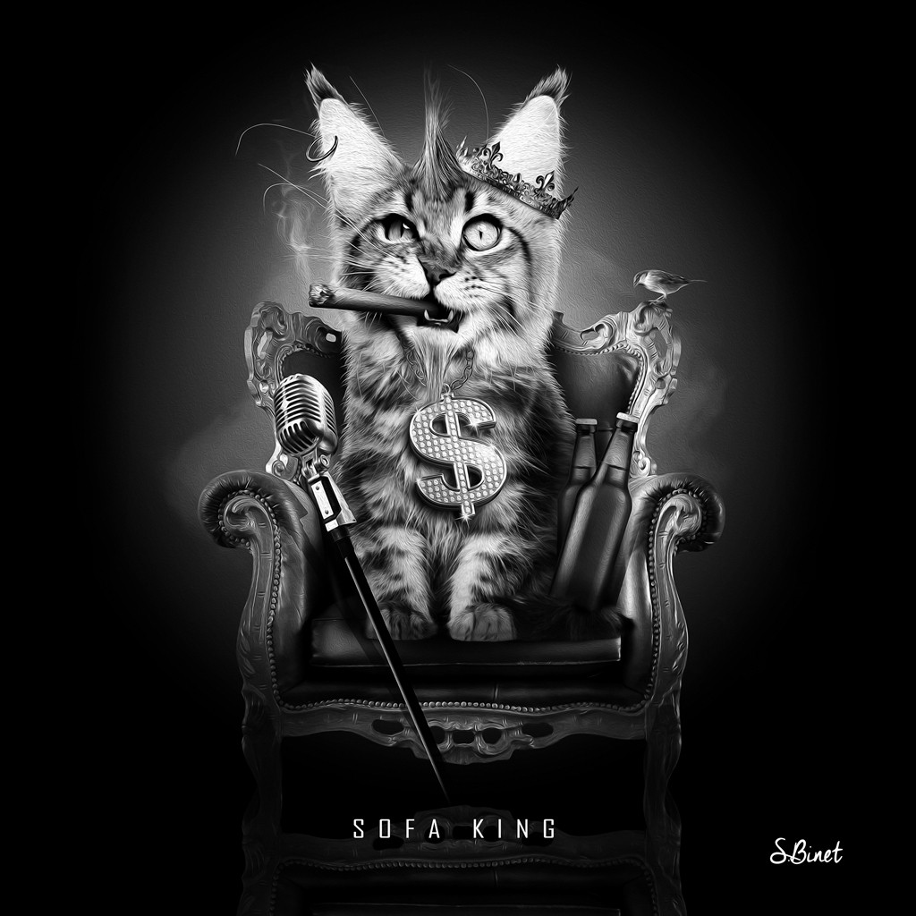 Sylvain Binet, Sofa King (Katze, cool, Zigarre rauchen, Krone, Mikrophon, antropomorph,   Modern, Popart, Malerei, Jugendzimmer, Wohnzimmer, Wunschgröße,schwarz/weiß)