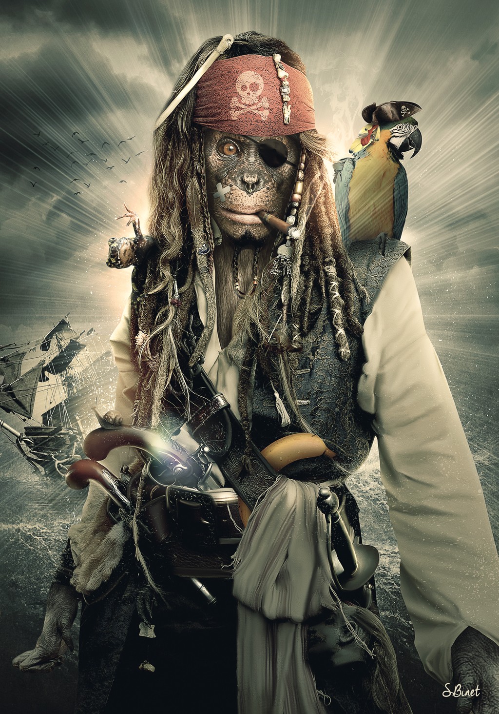 Sylvain Binet, Primates des Caraibes (Affe, Schimpanse, Captain Sparrow, Jack, Film, Persönlichkeiten, Fluch der Karibik, Kostüm, Pirat, Vermenschlichung, Tier  antropomorph, Modern, Malerei, Jugendzimmer, Wohnzimmer, Wunschgröße, bunt)