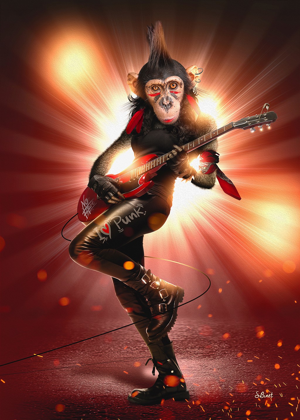 Sylvain Binet, Monkey Punk (Affe, Schimpanse, Punk, Rocker, E-Gitarre, Musiker, Frisur, Irokese,Vermenschlichung, Tier, antropomorph, Modern, Malerei, Jugendzimmer, Wohnzimmer, Wunschgröße, Popart)