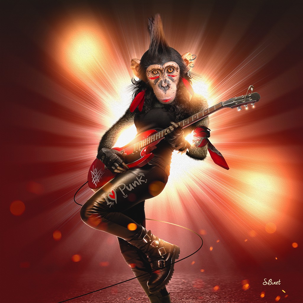 Sylvain Binet, Monkey Punk (Affe, Schimpanse, Punk, Rocker, E-Gitarre, Musiker, Frisur, Irokese, Vermenschlichung, Tier, antropomorph, Modern, Malerei, Jugendzimmer, Wohnzimmer, Wunschgröße, Popart)