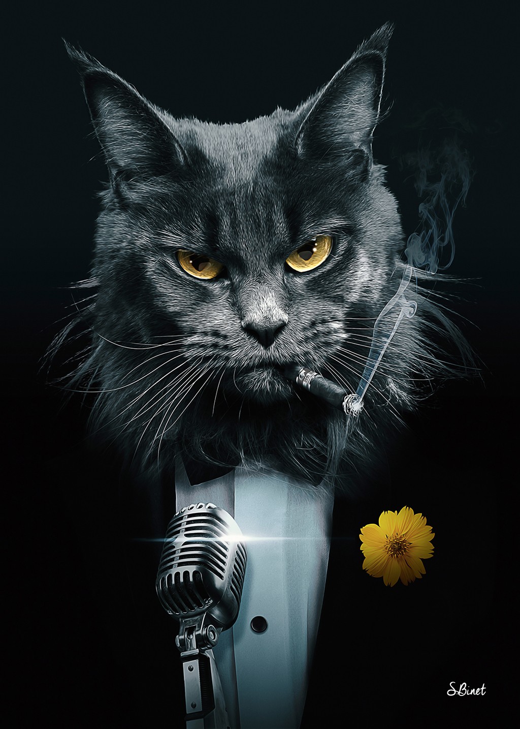 Sylvain Binet, Chat Krooner (Katze, Kater, Raucher, Zigarre, Mikrophon, Vermenschlichung, Tierportrait, antropomorph, Modern, Malerei, Jugendzimmer, Wohnzimmer, Wunschgröße, schwarz/weiß, gelb)
