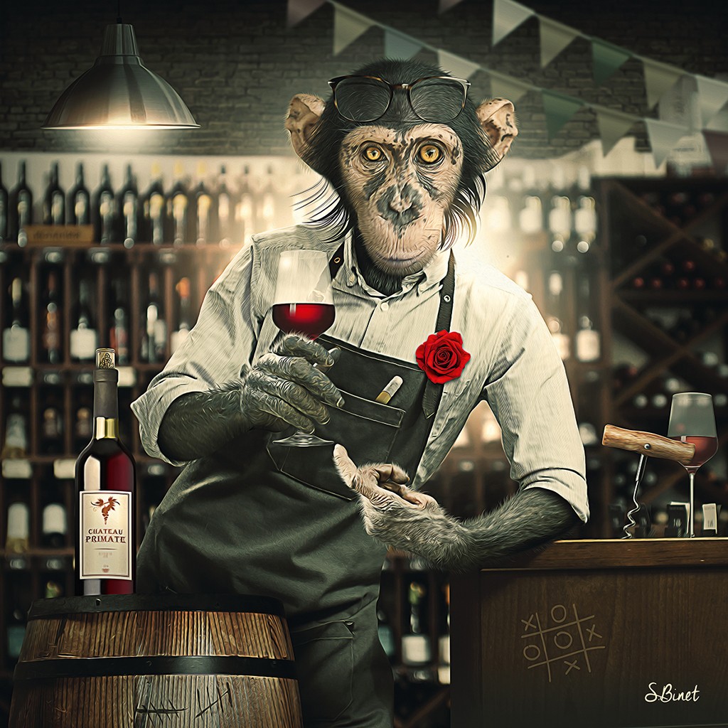 Sylvain Binet, Cavistte (Affe, Schimpanse, Barkeeper, rotwein, Vermenschlichung, Tier, antropomorph, Modern, Malerei, Jugendzimmer, Gastronomie, Wohnzimmer,  Popart)