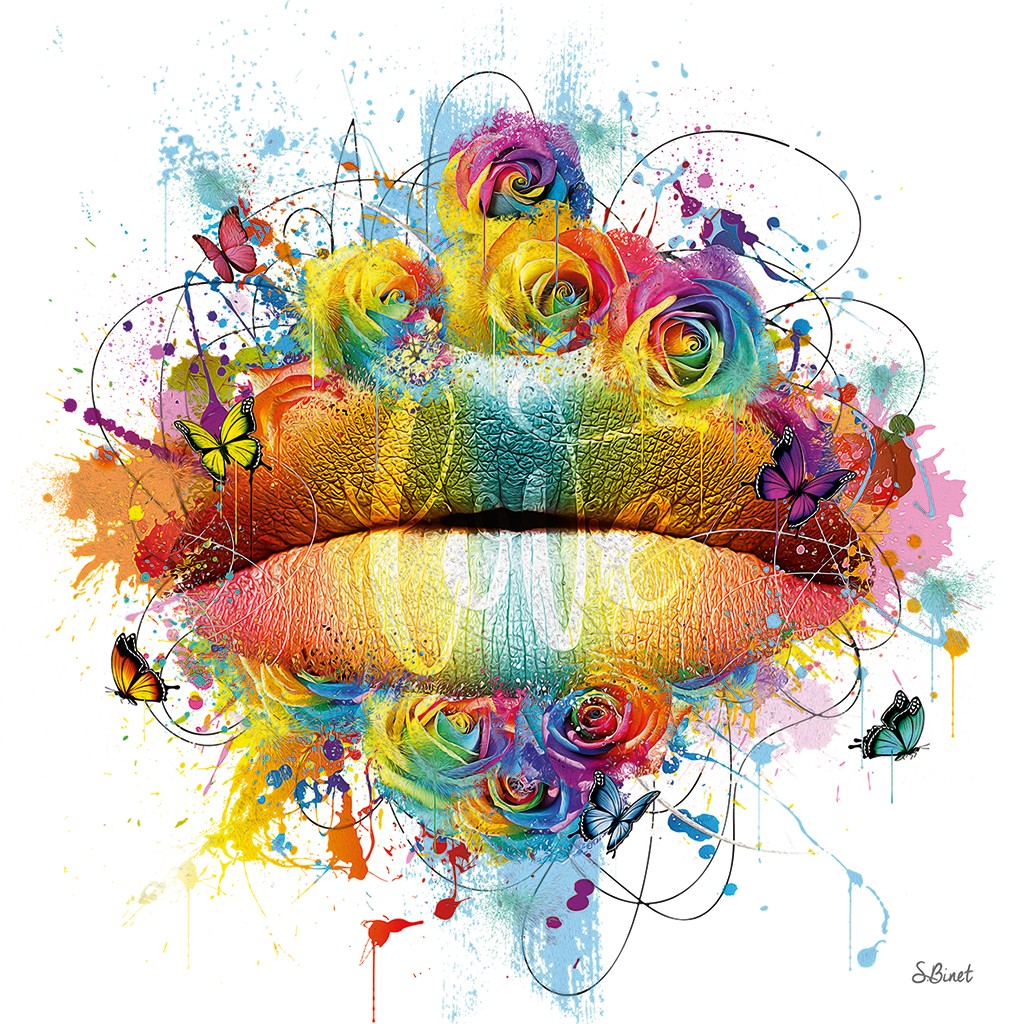 Sylvain Binet, Bouche color (Mund, Lippen erotisch, Rosen, Blumen, Leuchtfarben, Neon, Modern, Popart, Malerei, Jugendzimmer, Wohnzimmer,  bunt)