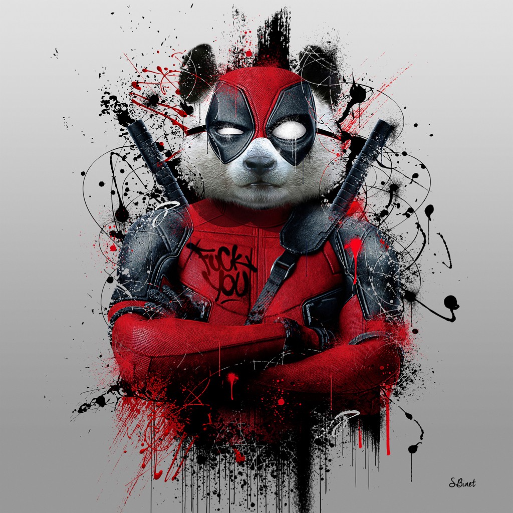 Sylvain Binet, Deadpool (Panda, Kampfanzug, Maske, Vermenschlichung, Tier, antropomorph, Modern, Malerei, Jugendzimmer, Wohnzimmer, Wunschgröße, Popart)