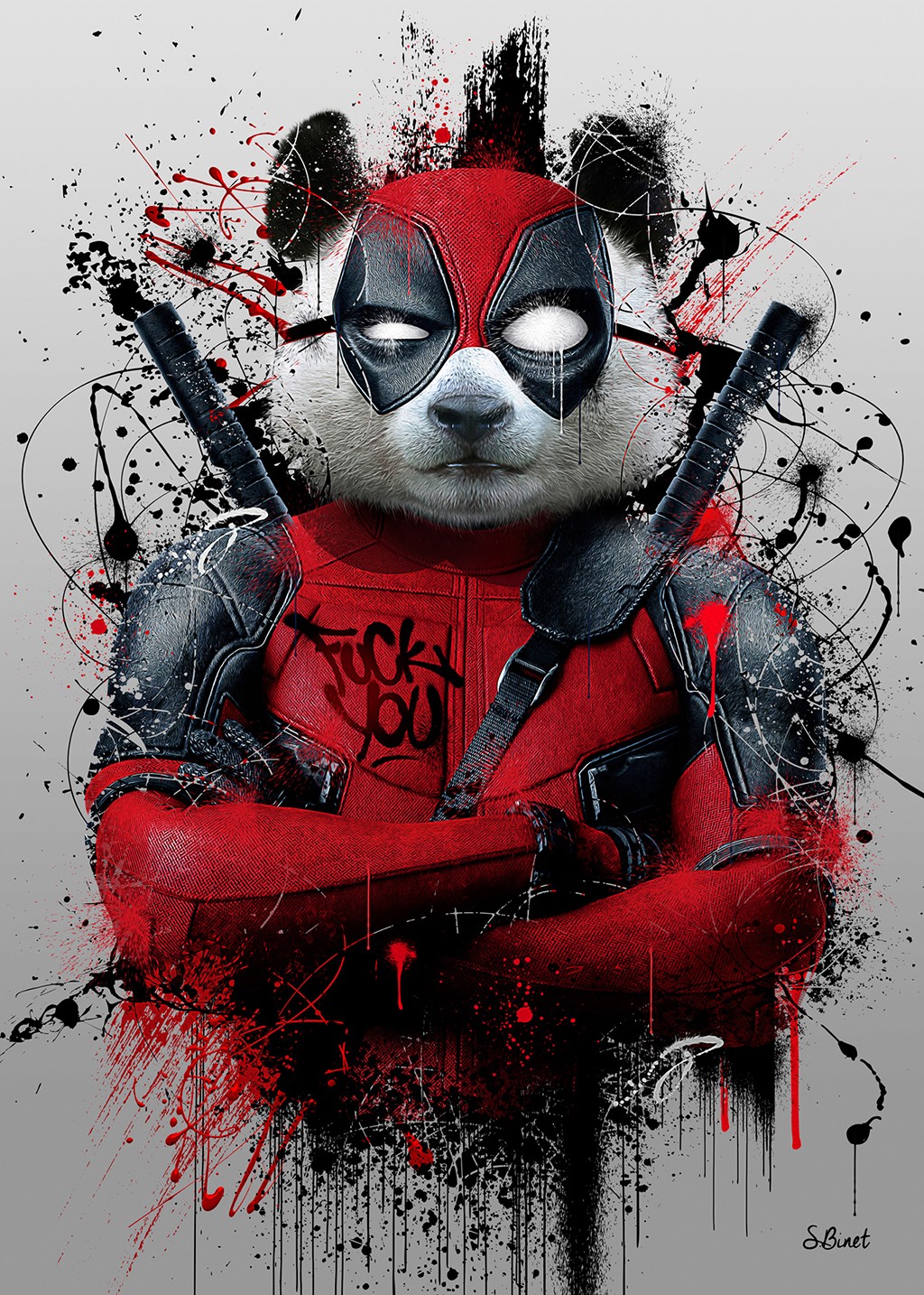 Sylvain Binet, Deadpool (Panda, Kampfanzug, Maske, Vermenschlichung, Tier, antropomorph, Modern, Malerei, Jugendzimmer, Wohnzimmer, Wunschgröße, Popart)
