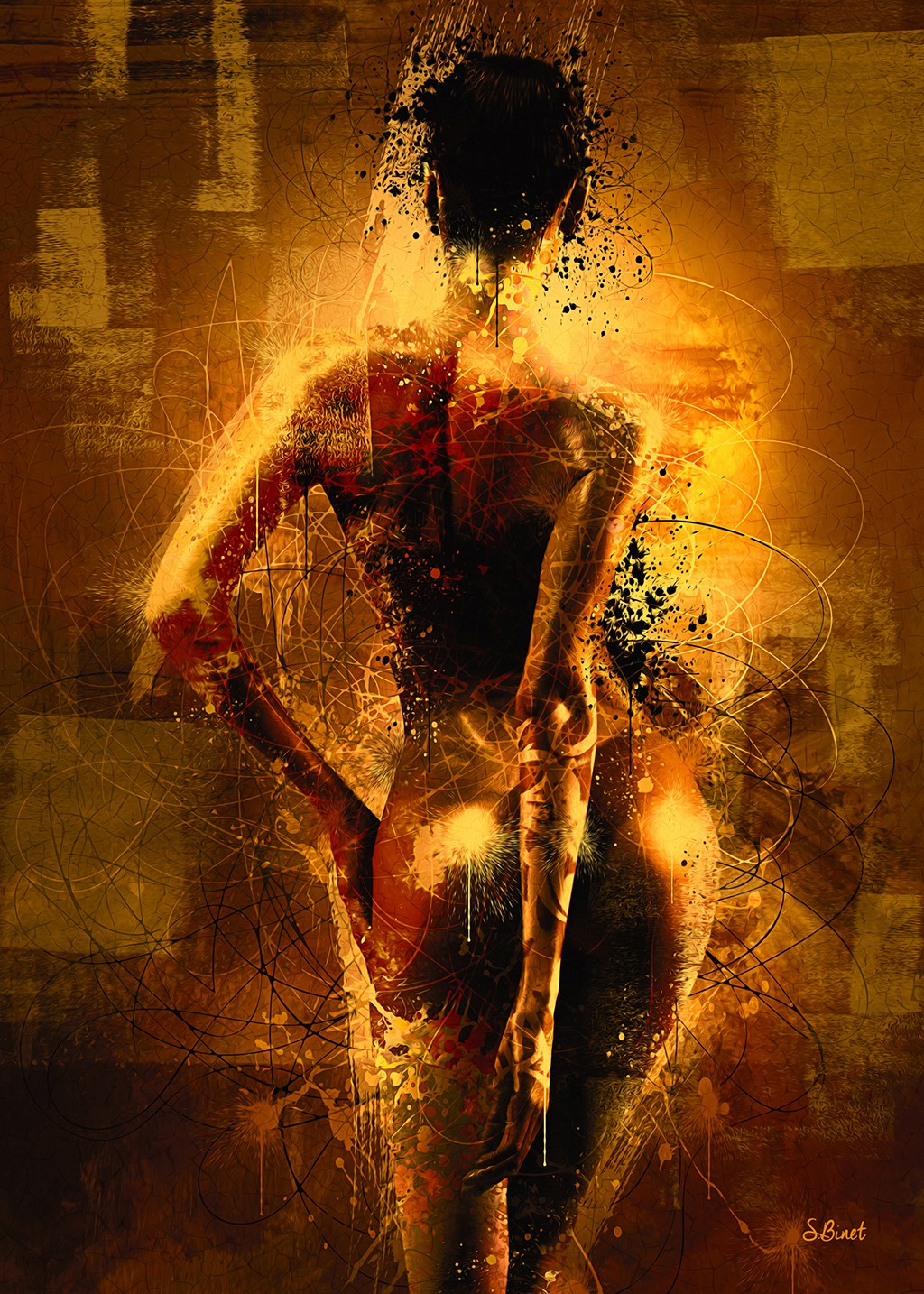 Sylvain Binet, Femme nue I (Rückenakt, Frau, Erotik,  abstrakter Hintergrund, Modern, Malerei, Jugendzimmer, Wohnzimmer, Wunschgröße, gold/braun)