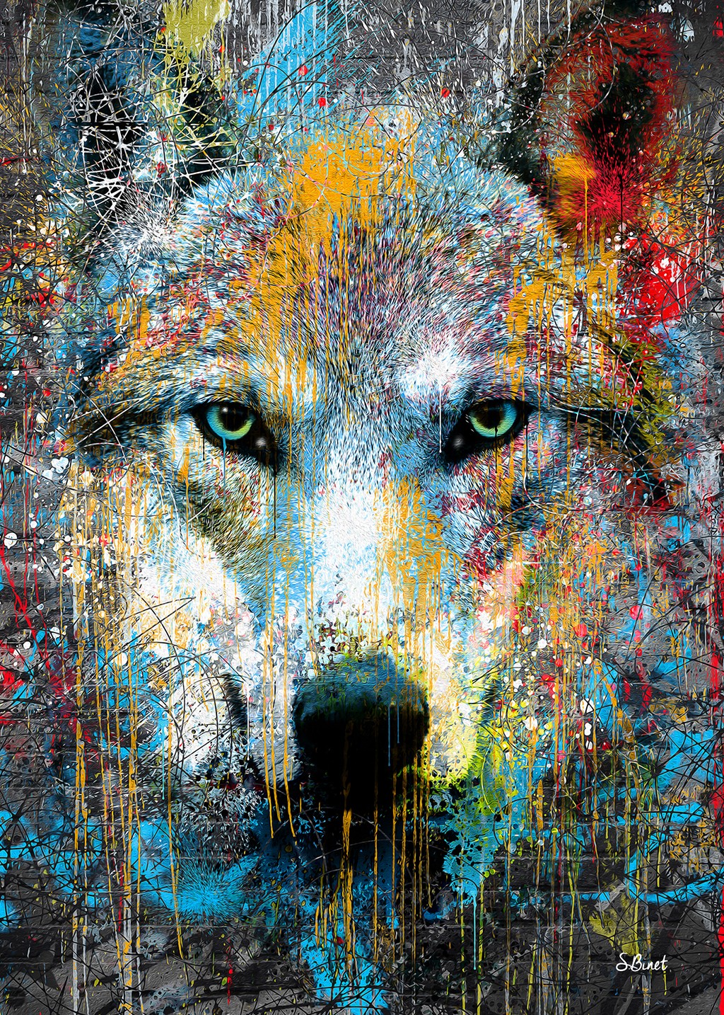 Sylvain Binet, Loup Pop (Wolf, Tierportrait, Raubtier, Popart, leuchtend, Neon, schrill, Modern, abstrakter Hintergrund, Malerei, Jugendzimmer, Wohnzimmer, Wunschgröße, bunt)