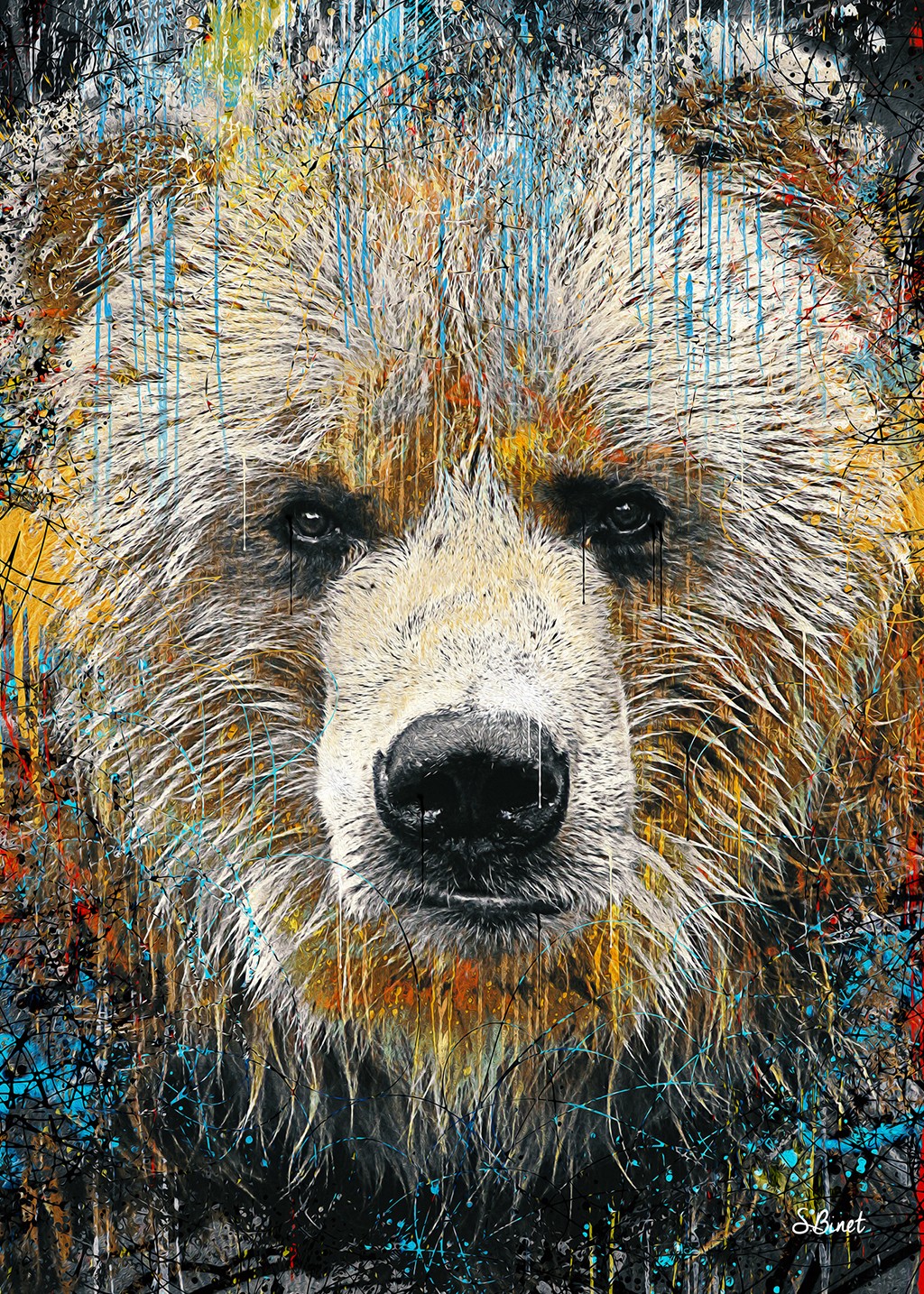 Sylvain Binet, Ours Pop (Bär, Braunbär, Tierportrait, Raubtier, Popart, leuchtend,  Neon, schrill, Modern, Malerei, Jugendzimmer, Wohnzimmer, Wunschgröße, bunt)