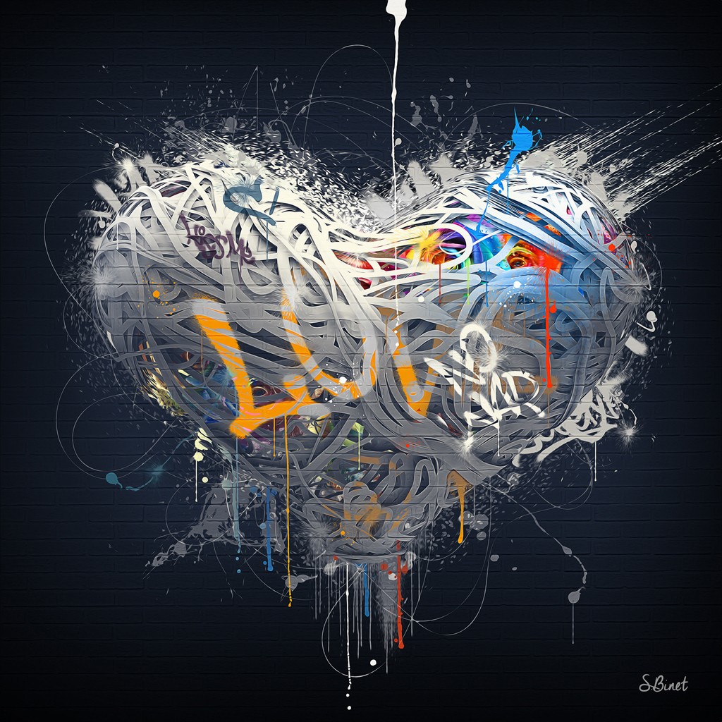 Sylvain Binet, Love (Herz, Liebe, Form, abstrahiert, Leuchtfarben, Neon, Schrill, Modern, Malerei, Jugendzimmer, Wohnzimmer, Wunschgröße, bunt)
