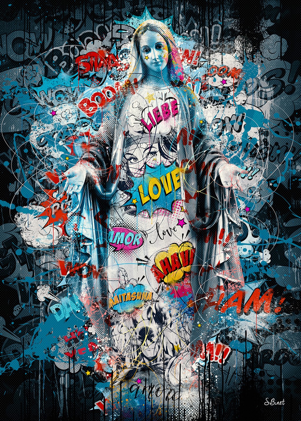 Sylvain Binet, Marie Pop (Maria, Skulptur, heilige, Mutter Gottes, Comic, Graffity, junge Frau, Leuchtfarben, Neon, Schrill, Modern, Malerei, Jugendzimmer, Wohnzimmer, Wunschgröße, bunt)