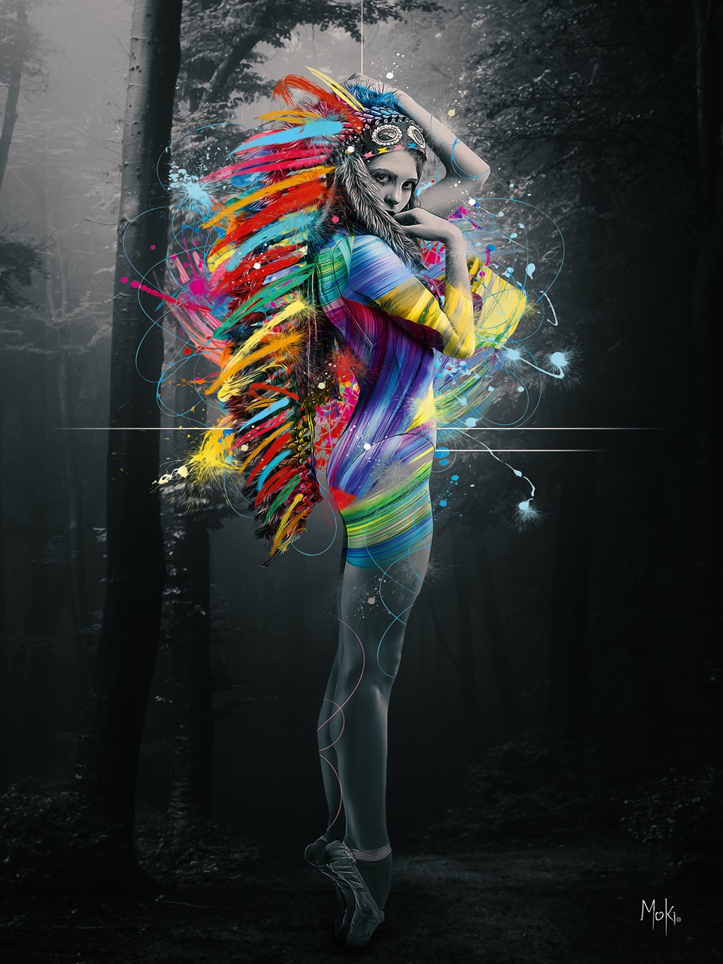 Moki, Indian Color (Frau, Verkleidung, Indianer, Federhaube, Farbspritzer, Pop-Art, modern, schrill, Malerei, Jugendzimmer, Wohnzimmer, Treppenhaus, bunt)