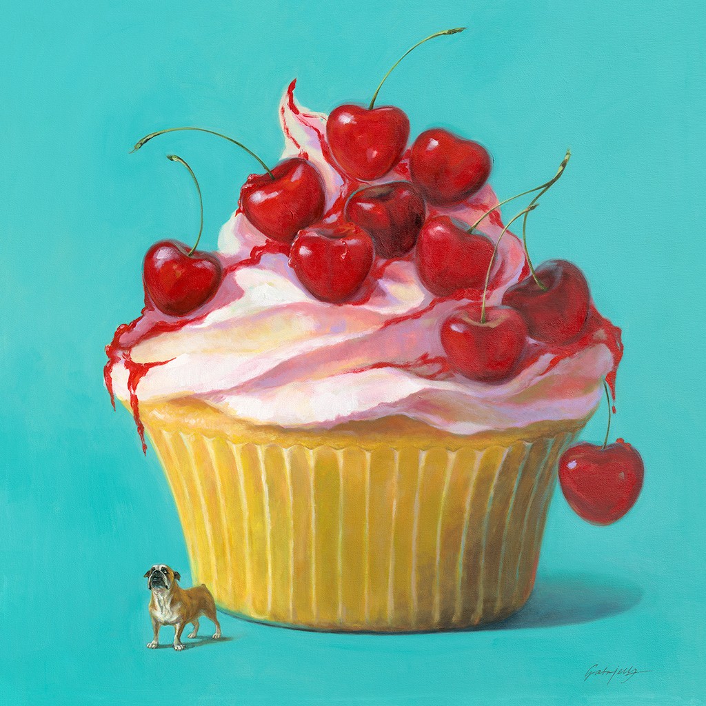 Gabrielle, Montpensier N°1 (Cupcake, riesig, Kirschen, topping, Sahne, Bulldogge, falsche Dimensionen, Wunschgröße, modern,  Küche, Esszimmer, Gastronomie, Jugendzimmer)