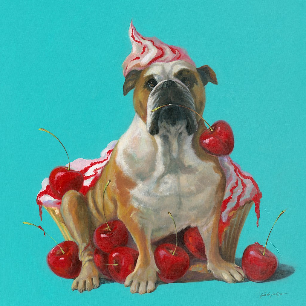 Gabrielle, Montpensier N°2 (Cupcake, riesig, Kirschen, topping, Sahne, Bulldogge, Naschen, erwischt, Wunschgröße, modern,  Küche, Esszimmer, Gastronomie, Jugendzimmer)
