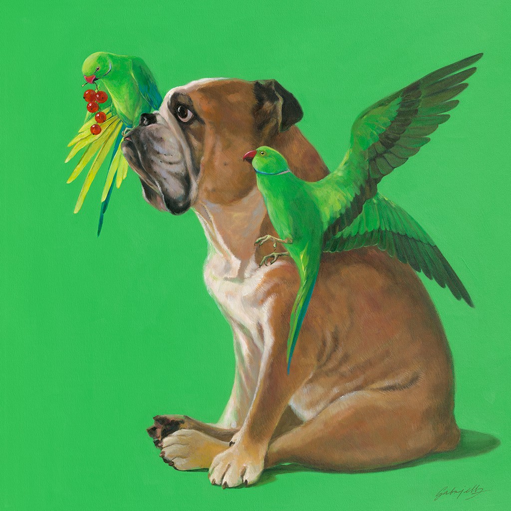 Gabrielle, Montpensier N°4 (Sittiche, Halsbandsittiche, Vögel, frech, Bulldogge, Wunschgröße, modern, Wohnzimmer, Jugendzimmer, grün)