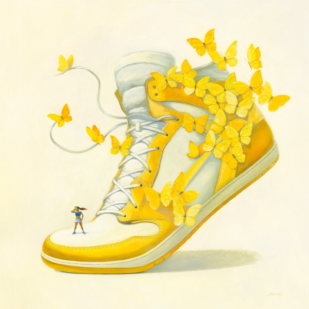 Gabrielle, Super Granny on the Air 1 (Schuh, Turnschuh, Schnürsenkel,  Schmetterlinge, Frau, kleiner Mensch, modern, Dimensionen, Wohnzimmer, Jugendzimmer, Wunschgröße, weiß-gelb)