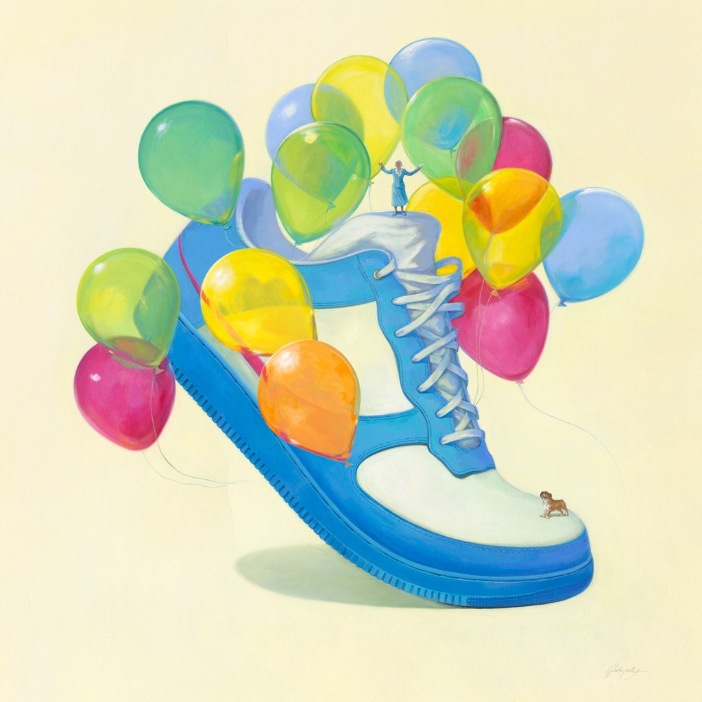 Gabrielle, Super Granny on the Air 2 (Schuh, Turnschuh, Schnürsenkel,  Luftballons, alte Frau, Oma, kleiner Mensch, Dimensionen, kleine Bulldogge, Hund, modern, Wohnzimmer, Jugendzimmer, Wunschgröße, weiß-bunt)