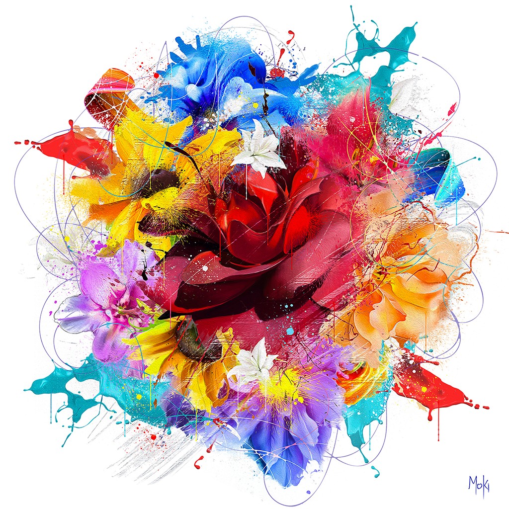 Moki, Flower Pop (Blumen, Blüten, Pop-Art, modern, schrill, Malerei, Jugendzimmer, Wohnzimmer, Treppenhaus, Wunschgröße, bunt)