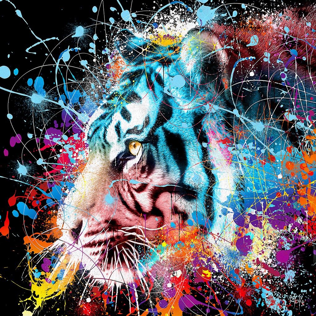 Moki, Tigre Pop 2 (Tiger, Raubkatze, Profil, Tierportrait, Pop-Art, modern, schrill, Malerei, Jugendzimmer, Wohnzimmer, Treppenhaus,  bunt)