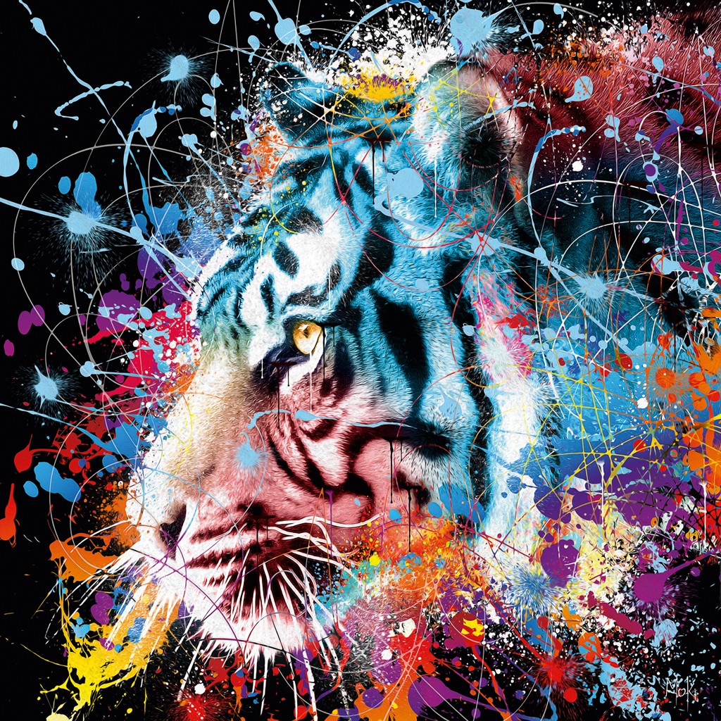 Moki, Tigre Pop 2 (Tiger, Raubkatze, Profil, Tierportrait, Pop-Art, modern, schrill, Malerei, Jugendzimmer, Wohnzimmer, Treppenhaus,  bunt)