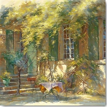 Johan Messely, La terrasse du château (Garten,  Natur, Mediterran, Terrasse, Haus, Pflanzen,  Entspannung, Ruhe, Schatten, Idylle, Sonnenlicht, Nostalgie, Wohnzimmer, Esszimmer, Malerei, bunt)